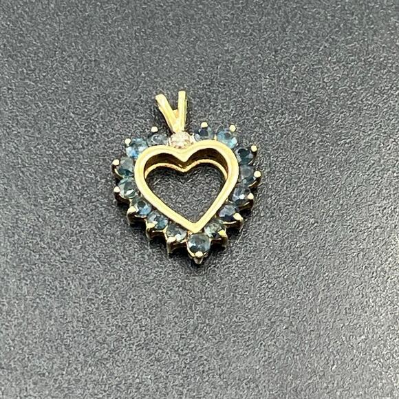 10K Yellow Gold 2g Blue Spinel Diamond Accent Signed Vintage Heart Pendant - Picture 2 of 13